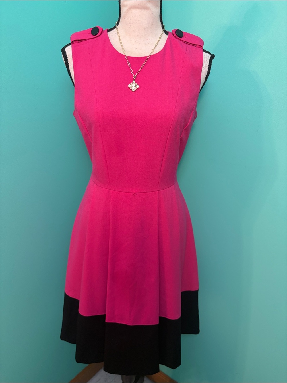 Calvin Klein Hot Pink Sleeveless Fit & Flare Dress with Black Band